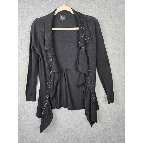 Colour Works Cardigan Sweater Womens S Black Silver Stud Long Open High Low - Picture 10 of 10